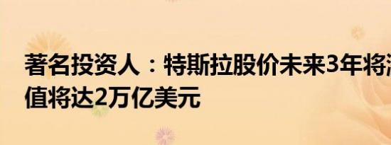 著名投资人：特斯拉股价未来3年将涨3倍 市值将达2万亿美元