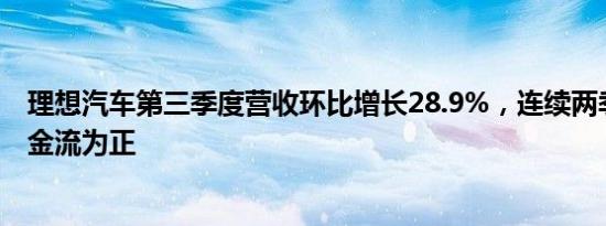 理想汽车第三季度营收环比增长28.9%，连续两季经营性现金流为正